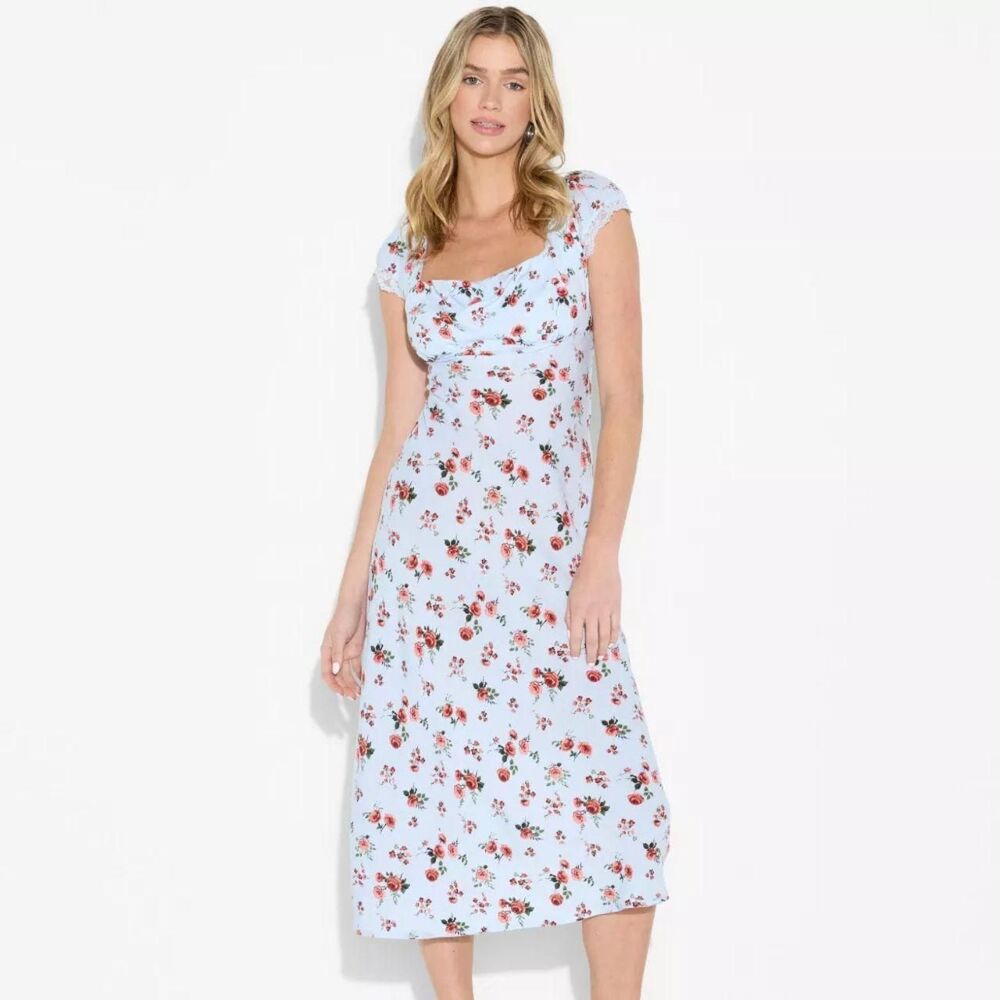 Wild Fable Floral Flutter Sleeve Maxi A-Line Dress - Light Blue & Red Size Mediu